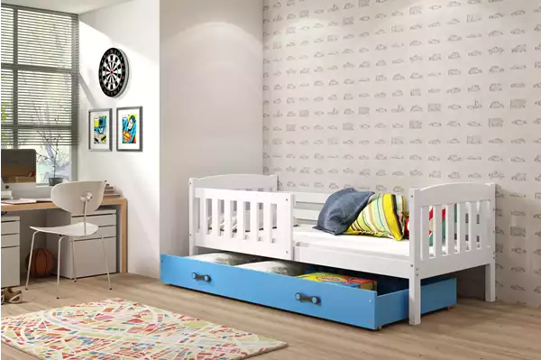 Visualizzazione per Letto singolo per bambini KUBUŚ 80X160 con materasso e cassetto, bianco/blu Visualizzazione per Letto singolo per bambini KUBUŚ 80X160 con materasso e cassetto, bianco/blu