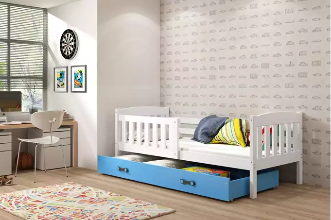 Visualizzazione per Letto singolo per bambini KUBUŚ 80X160 con materasso e cassetto, bianco/blu