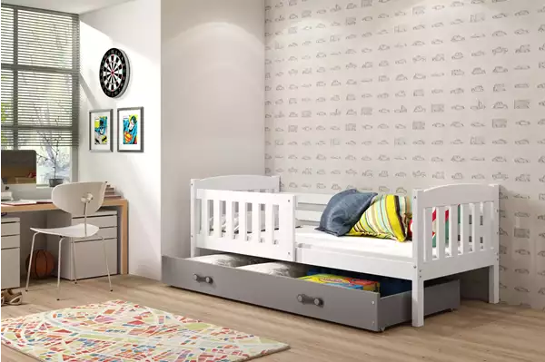 Visualizzazione per Letto singolo per bambini KUBUŚ 80x160 con materasso e cassetto, bianco/grafite Visualizzazione per Letto singolo per bambini KUBUŚ 80x160 con materasso e cassetto, bianco/grafite