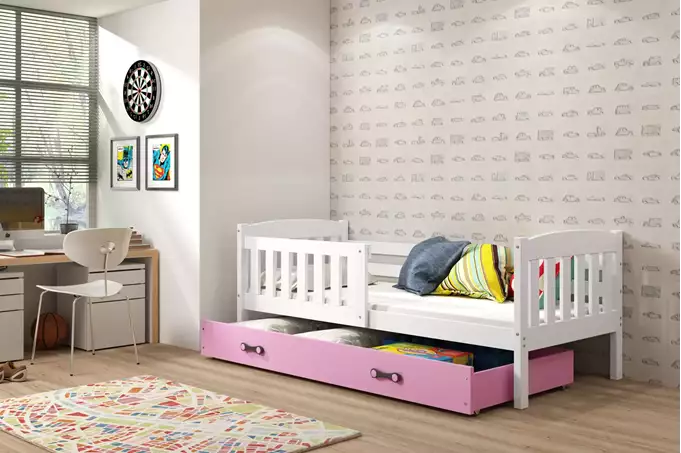 Visualizzazione per Letto singolo per bambini KUBUŚ 80x160 con materasso e cassetto, bianco/rosa