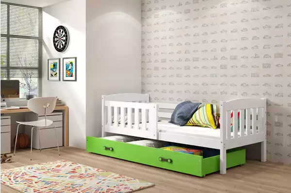 Visualizzazione per Letto singolo per bambini KUBUŚ 80x160 con materasso e cassetto, bianco/verde Visualizzazione per Letto singolo per bambini KUBUŚ 80x160 con materasso e cassetto, bianco/verde