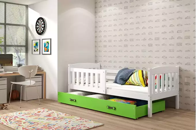Visualizzazione per Letto singolo per bambini KUBUŚ 80x160 con materasso e cassetto, bianco/verde
