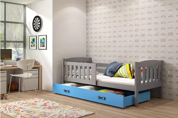 Visualizzazione per Letto singolo per bambini KUBUŚ 80X160 con materasso e cassetto, grafite/blu Visualizzazione per Letto singolo per bambini KUBUŚ 80X160 con materasso e cassetto, grafite/blu