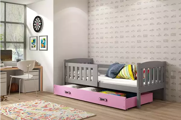 Visualizzazione per Letto singolo per bambini KUBUŚ 80X160 con materasso e cassetto, grafite/rosa Visualizzazione per Letto singolo per bambini KUBUŚ 80X160 con materasso e cassetto, grafite/rosa