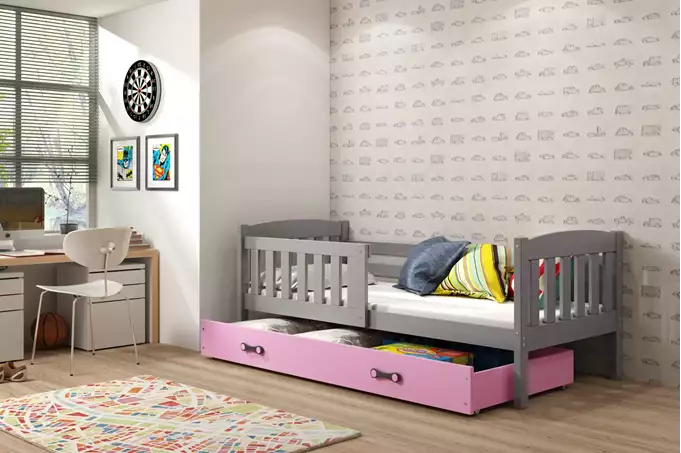 Visualizzazione per Letto singolo per bambini KUBUŚ 80X160 con materasso e cassetto, grafite/rosa