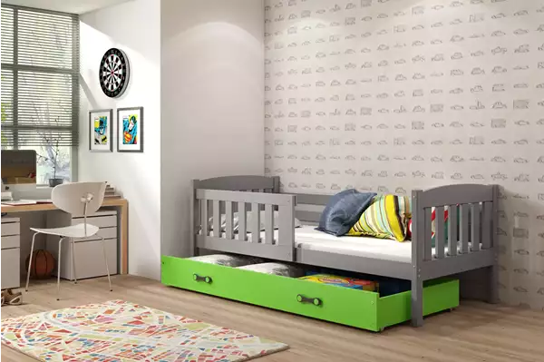 Visualizzazione per Letto singolo per bambini KUBUŚ 80X160 con materasso e cassetto, grafite/verde Visualizzazione per Letto singolo per bambini KUBUŚ 80X160 con materasso e cassetto, grafite/verde