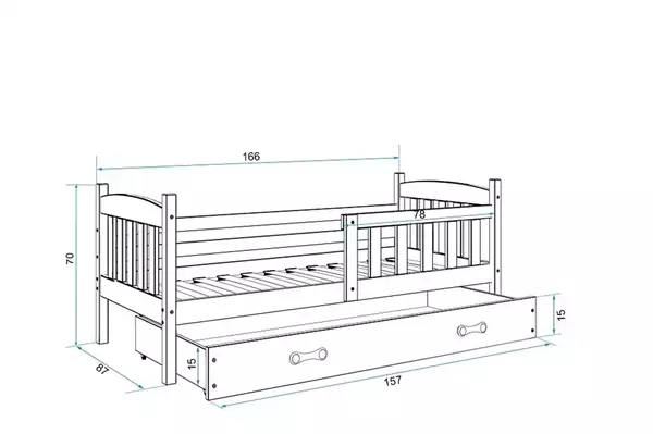 Misura del Letto singolo per bambini KUBUŚ 80x160 con materasso e cassetto, pino/bianco Misura del Letto singolo per bambini KUBUŚ 80x160 con materasso e cassetto, pino/bianco
