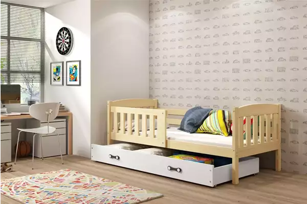 Visualizzazione per Letto singolo per bambini KUBUŚ 80x160 con materasso e cassetto, pino/bianco Visualizzazione per Letto singolo per bambini KUBUŚ 80x160 con materasso e cassetto, pino/bianco