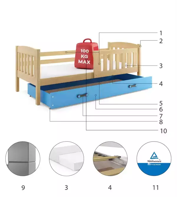 Componenti del Letto singolo per bambini KUBUŚ 80x160 con materasso e cassetto, pino/blu