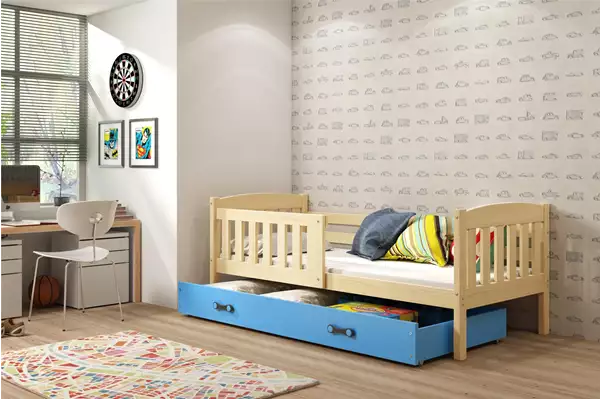 Visualizzazione per Letto singolo per bambini KUBUŚ 80x160 con materasso e cassetto, pino/blu