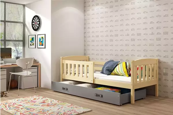Visualizzazione per Letto singolo per bambini KUBUŚ 80x160 con materasso e cassetto, pino/grafite Visualizzazione per Letto singolo per bambini KUBUŚ 80x160 con materasso e cassetto, pino/grafite