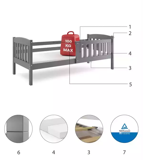 Componenti del Letto singolo per bambini KUBUŚ 80x160 con materasso, grigio scuro Componenti del Letto singolo per bambini KUBUŚ 80x160 con materasso, grigio scuro
