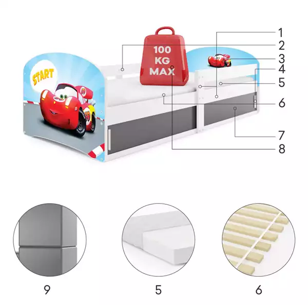 Componenti del Letto singolo per bambini LUKI 1 80X160 con materasso e contenitore, Auto, bianco Componenti del Letto singolo per bambini LUKI 1 80X160 con materasso e contenitore, Auto, bianco