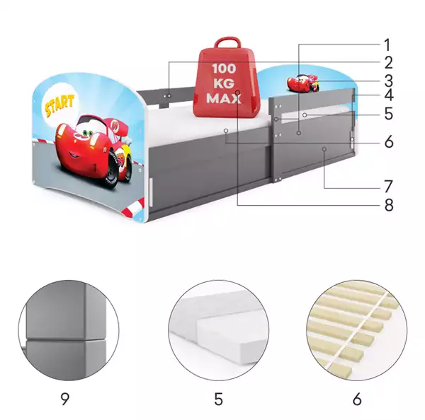 Componenti del Letto singolo per bambini LUKI 1 80X160 con materasso e vano portaoggetti, Auto, grafite Componenti del Letto singolo per bambini LUKI 1 80X160 con materasso e vano portaoggetti, Auto, grafite