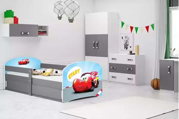 Visualizzazione per Letto singolo per bambini LUKI 1 80X160 con materasso e vano portaoggetti, Auto, grafite Visualizzazione per Letto singolo per bambini LUKI 1 80X160 con materasso e vano portaoggetti, Auto, grafite