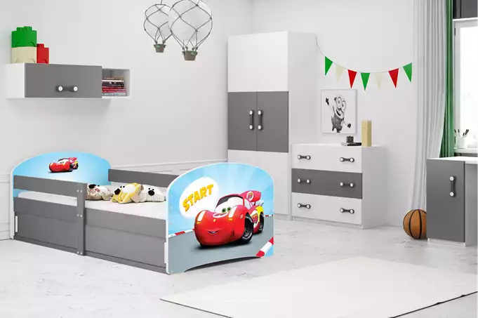 Visualizzazione per Letto singolo per bambini LUKI 1 80X160 con materasso e vano portaoggetti, Auto, grafite