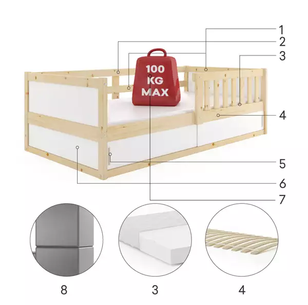 Letto singolo per bambini SMART 2 80x160 con materasso e contenitore, pino | Interbeds Czesci Skladowe