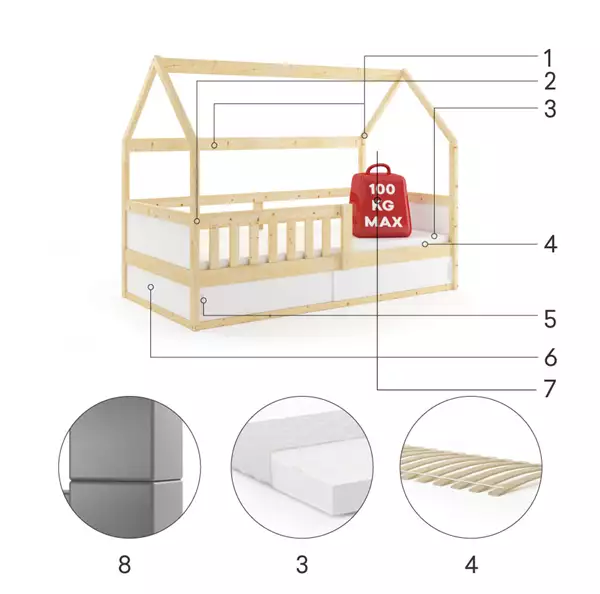 Letto singolo per bambini SMART 2 CASA 80x160 con contenitore, legno naturale| Interbeds Czesci Skladowe Letto singolo per bambini SMART 2 CASA 80x160 con contenitore, legno naturale| Interbeds Czesci Skladowe