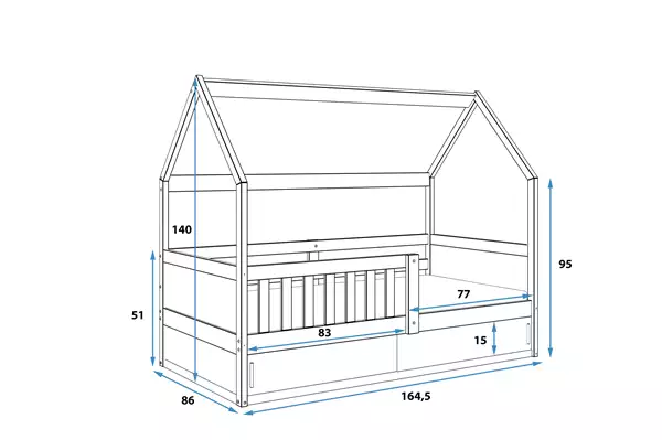 Letto singolo per bambini SMART 2 CASA 80x160 con contenitore, legno naturale| Interbeds Rozmiar Letto singolo per bambini SMART 2 CASA 80x160 con contenitore, legno naturale| Interbeds Rozmiar