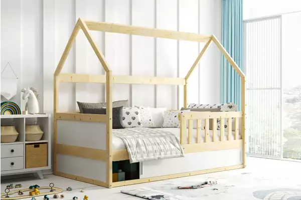 Letto singolo per bambini SMART 2 CASA 80x160 con contenitore, legno naturale| Interbeds Wizualizacja Letto singolo per bambini SMART 2 CASA 80x160 con contenitore, legno naturale| Interbeds Wizualizacja