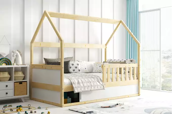 Letto singolo per bambini SMART 2 CASA 80x160 con contenitore, legno naturale| Interbeds Wizualizacja
