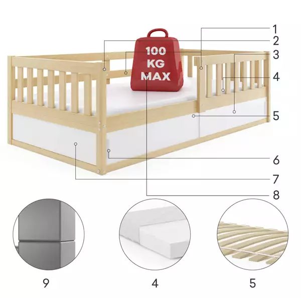 Componenti del Letto singolo per bambini SMART 80x160 con contenitore, pino Componenti del Letto singolo per bambini SMART 80x160 con contenitore, pino