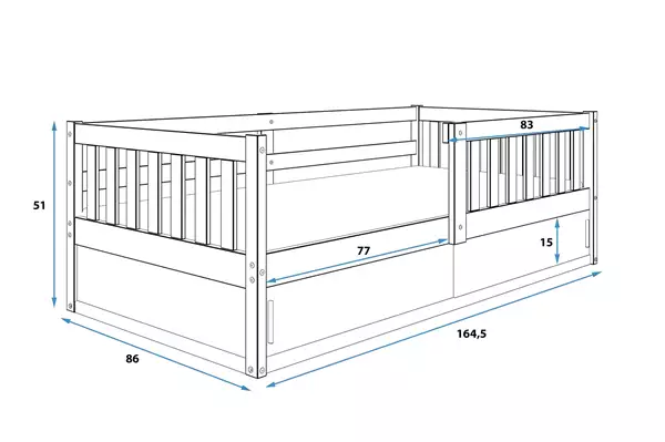 Misura del Letto singolo per bambini SMART 80x160 con contenitore, pino Misura del Letto singolo per bambini SMART 80x160 con contenitore, pino
