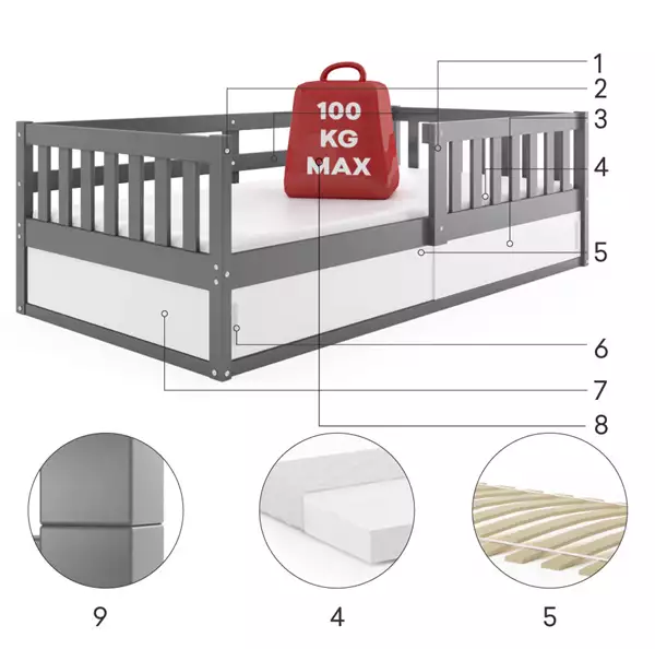 Componenti del Letto singolo per bambini SMART 80x160 con materasso e contenitore, grigio grafite Componenti del Letto singolo per bambini SMART 80x160 con materasso e contenitore, grigio grafite