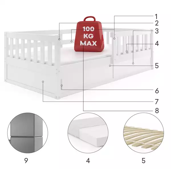 Componenti del Letto singolo per bambini SMART 80x160 con vano portaoggetti, bianco Componenti del Letto singolo per bambini SMART 80x160 con vano portaoggetti, bianco