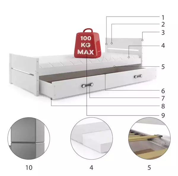 Componenti del Letto singolo per giovani BARTEK 90X200 con materasso e cassetto, bianco Componenti del Letto singolo per giovani BARTEK 90X200 con materasso e cassetto, bianco