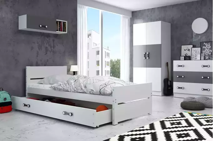 Visualizzazione per Letto singolo per giovani BARTEK 90X200 con materasso e cassetto, bianco