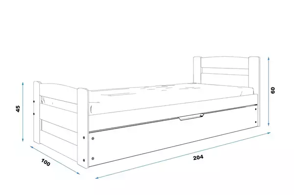 Misura del Letto singolo per giovani ERNI 90x200 con contenitore, grafite Misura del Letto singolo per giovani ERNI 90x200 con contenitore, grafite