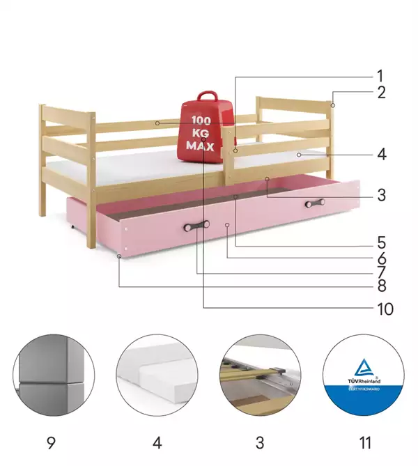 Componenti del Letto singolo per giovani ERYK 80X190 con cassetto, pino/rosa Componenti del Letto singolo per giovani ERYK 80X190 con cassetto, pino/rosa