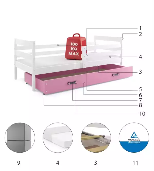 Componenti del Letto singolo per giovani ERYK 90x200 con cassetto, bianco/rosa Componenti del Letto singolo per giovani ERYK 90x200 con cassetto, bianco/rosa