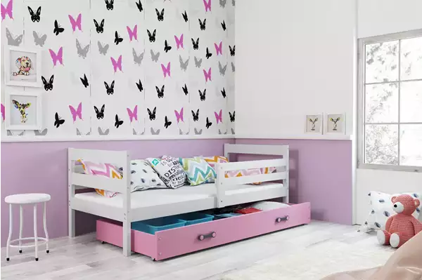 Visualizzazione per Letto singolo per giovani ERYK 90x200 con cassetto, bianco/rosa Visualizzazione per Letto singolo per giovani ERYK 90x200 con cassetto, bianco/rosa