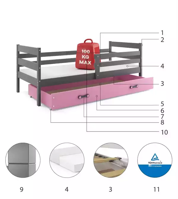 Componenti del Letto singolo per giovani ERYK 90x200 con cassetto, grafite/rosa Componenti del Letto singolo per giovani ERYK 90x200 con cassetto, grafite/rosa
