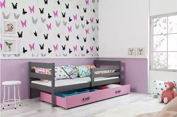 Visualizzazione per Letto singolo per giovani ERYK 90x200 con cassetto, grafite/rosa Visualizzazione per Letto singolo per giovani ERYK 90x200 con cassetto, grafite/rosa