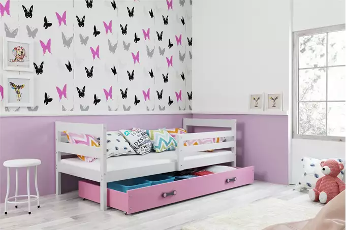 Visualizzazione per Letto singolo per giovani ERYK 90x200 con materasso e cassetto, bianco/rosa