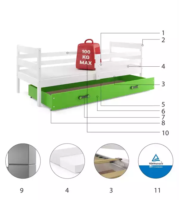 Componenti del Letto singolo per giovani ERYK 90X200 con materasso e cassetto, bianco/verde Componenti del Letto singolo per giovani ERYK 90X200 con materasso e cassetto, bianco/verde