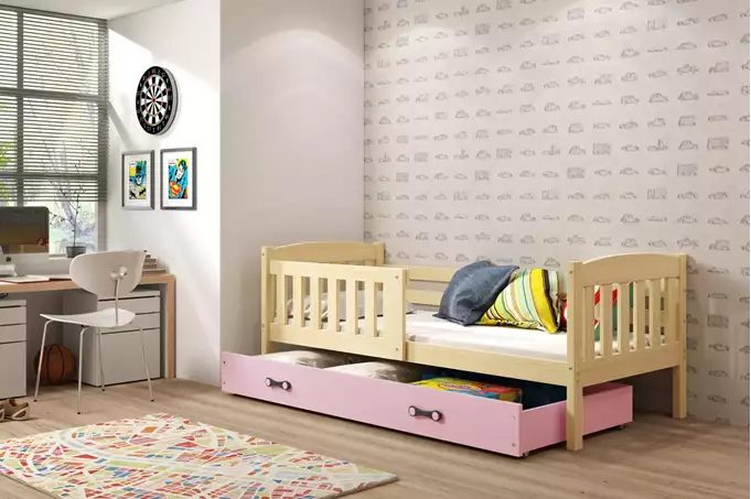 Visualizzazione per Letto singolo per giovani KUBUŚ 80X190 con materasso e cassetto, pino/rosa