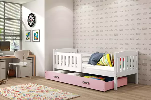 Visualizzazione per Letto singolo per giovani KUBUŚ 90x190 con cassetto, bianco/rosa Visualizzazione per Letto singolo per giovani KUBUŚ 90x190 con cassetto, bianco/rosa