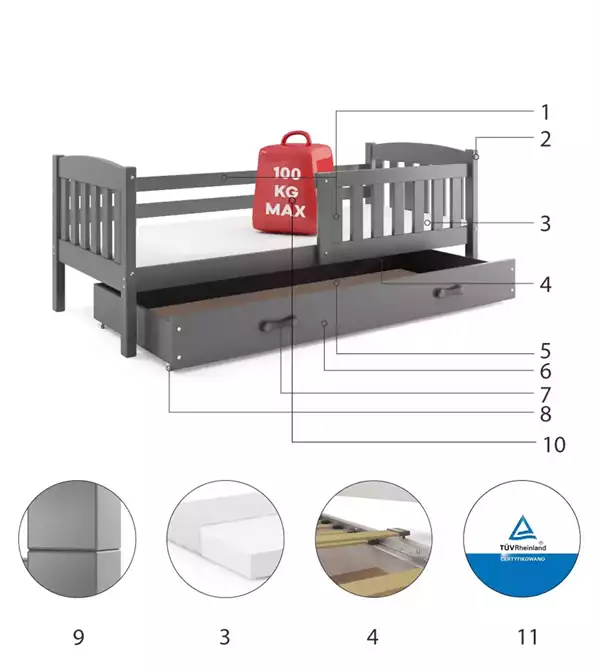 Componenti del Letto singolo per giovani KUBUŚ 90X190 con materasso e cassetto, grafite Componenti del Letto singolo per giovani KUBUŚ 90X190 con materasso e cassetto, grafite
