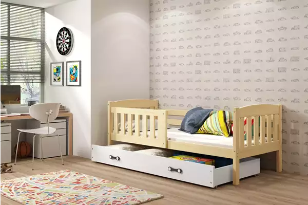 Visualizzazione per Letto singolo per giovani KUBUŚ 90x190 con materasso e cassetto, pino/bianco Visualizzazione per Letto singolo per giovani KUBUŚ 90x190 con materasso e cassetto, pino/bianco