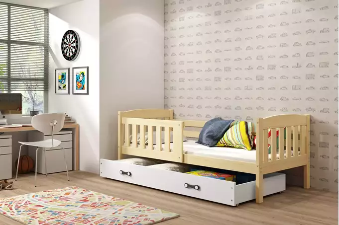 Visualizzazione per Letto singolo per giovani KUBUŚ 90x190 con materasso e cassetto, pino/bianco