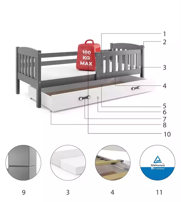 Componenti del Letto singolo per giovani KUBUŚ 90X200 con cassetto, grafite/bianco Componenti del Letto singolo per giovani KUBUŚ 90X200 con cassetto, grafite/bianco