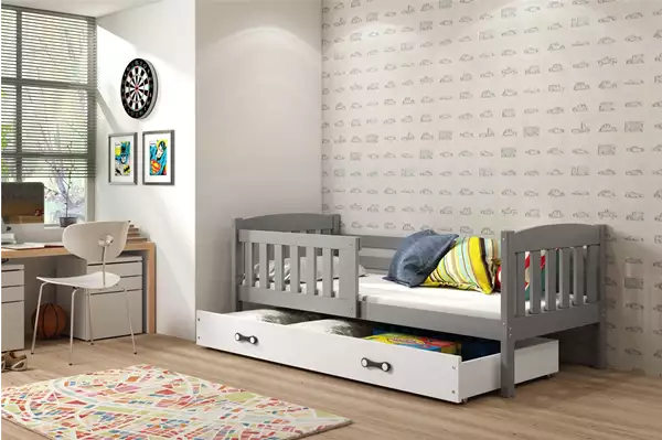 Visualizzazione per Letto singolo per giovani KUBUŚ 90X200 con cassetto, grafite/bianco Visualizzazione per Letto singolo per giovani KUBUŚ 90X200 con cassetto, grafite/bianco