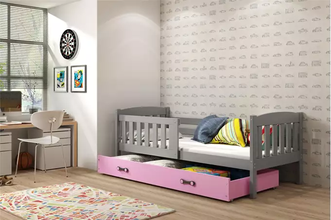 Visualizzazione per Letto singolo per giovani KUBUŚ 90x200 con cassetto, grafite/rosa
