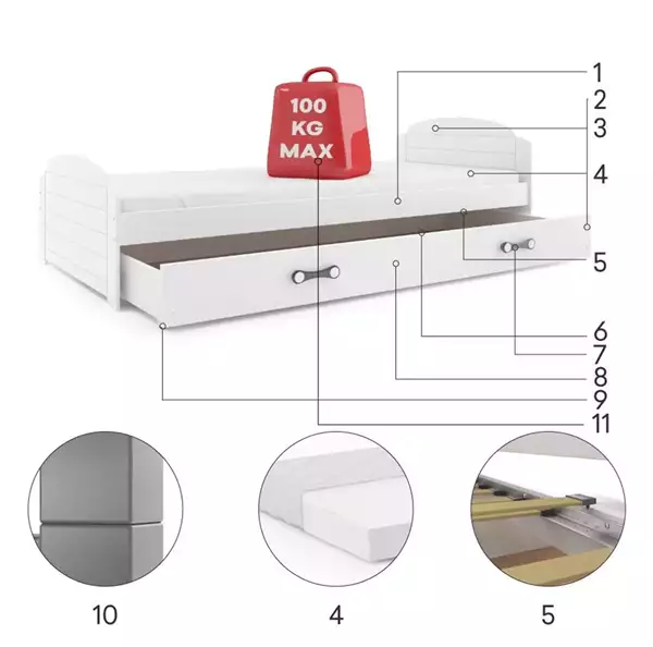 Componenti del Letto singolo per giovani LILI 90x200 con materasso e cassetto, bianco Componenti del Letto singolo per giovani LILI 90x200 con materasso e cassetto, bianco
