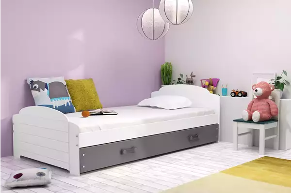 Visualizzazione per Letto singolo per giovani LILI 90x200 con materasso e cassetto, bianco/grafite