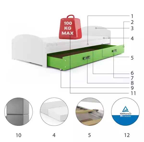 Componenti del Letto singolo per giovani LILI 90x200 con materasso e cassetto, bianco/verde Componenti del Letto singolo per giovani LILI 90x200 con materasso e cassetto, bianco/verde